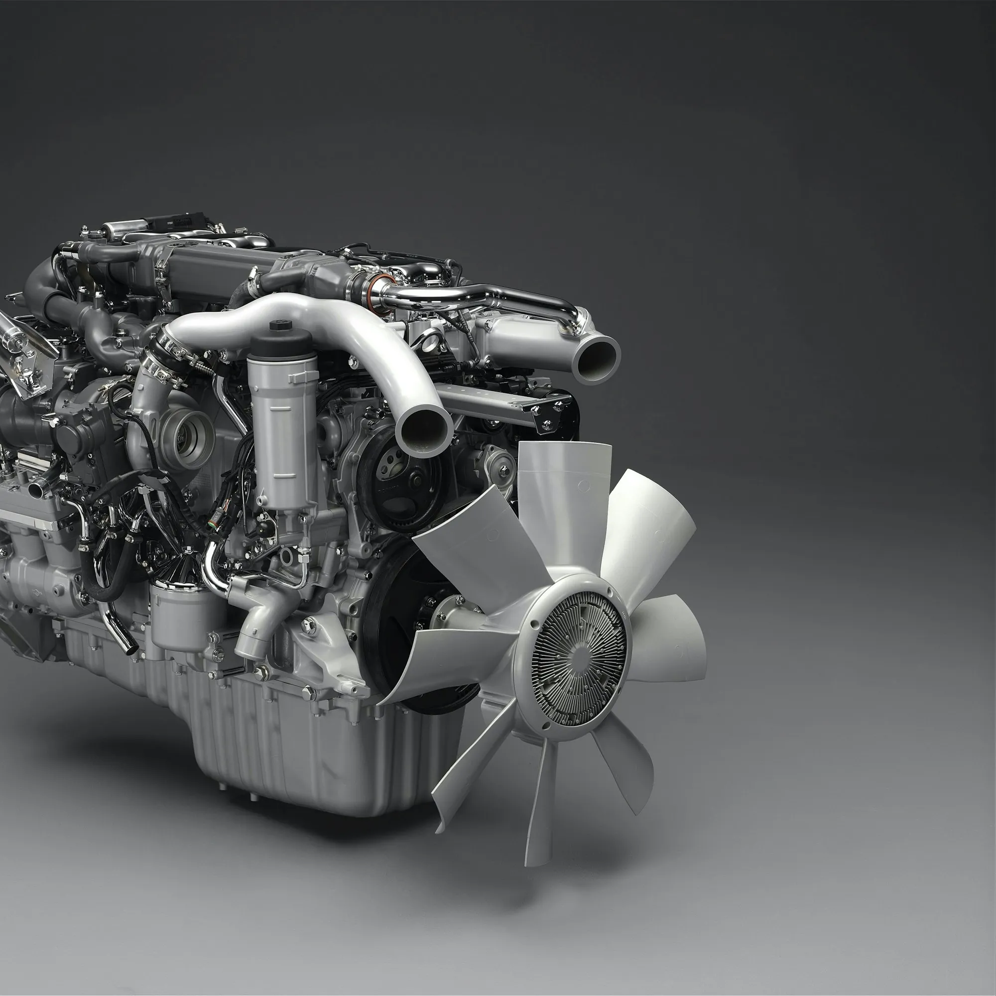 Clean modern turbo diesel engine on a gray background