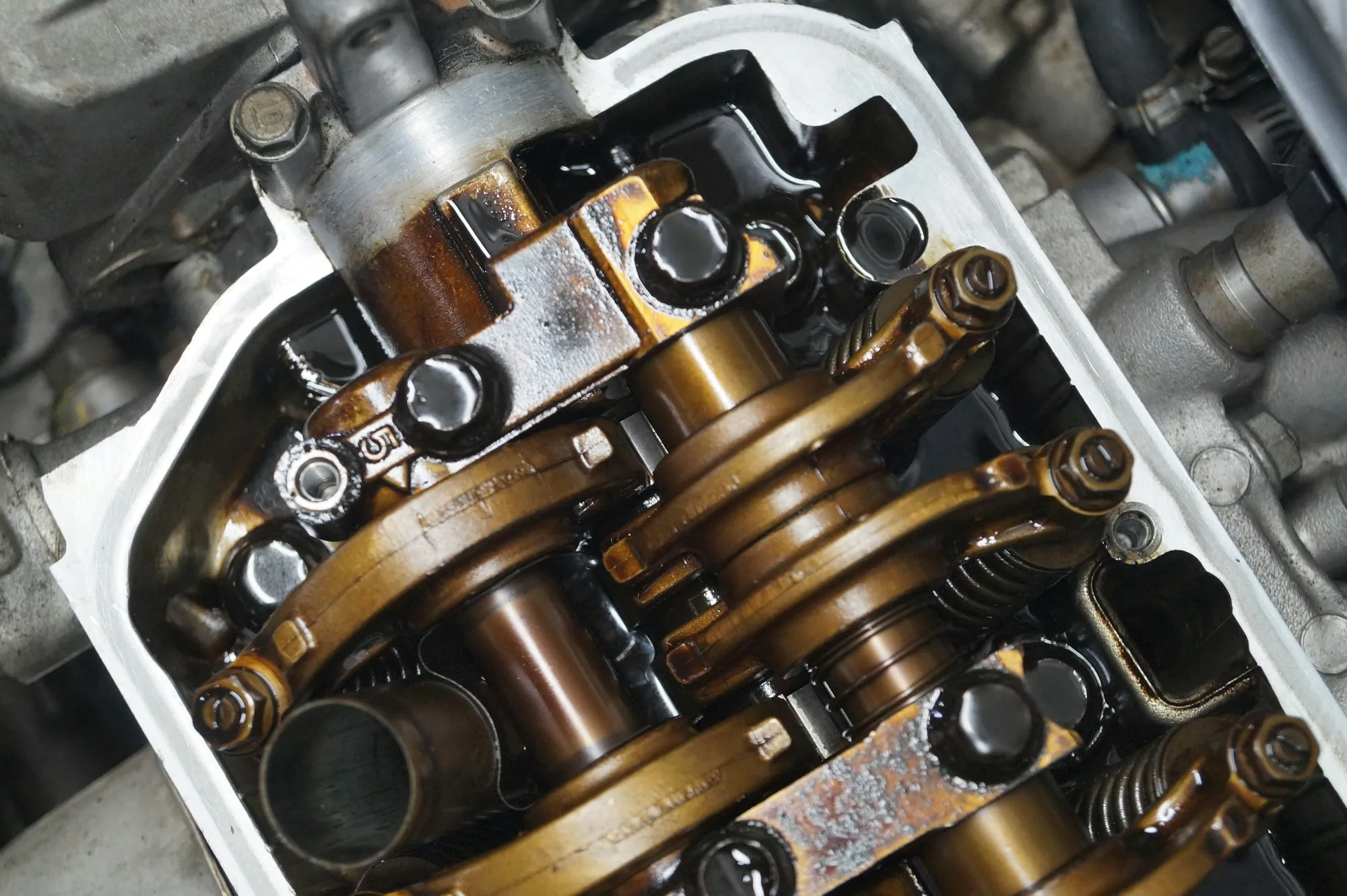 Exposed engine timing chain and gears during repair